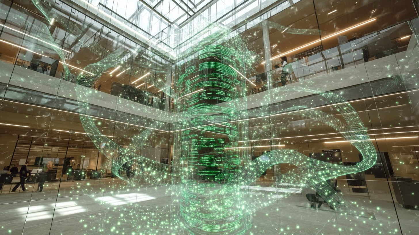 Imagen que muestra hilos tecnológicos que transforman digitalmente un espacio de trabajo cotidiano